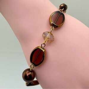 Brown Glass Bead Bracelet Gold Tone Faux Pearl Faceted